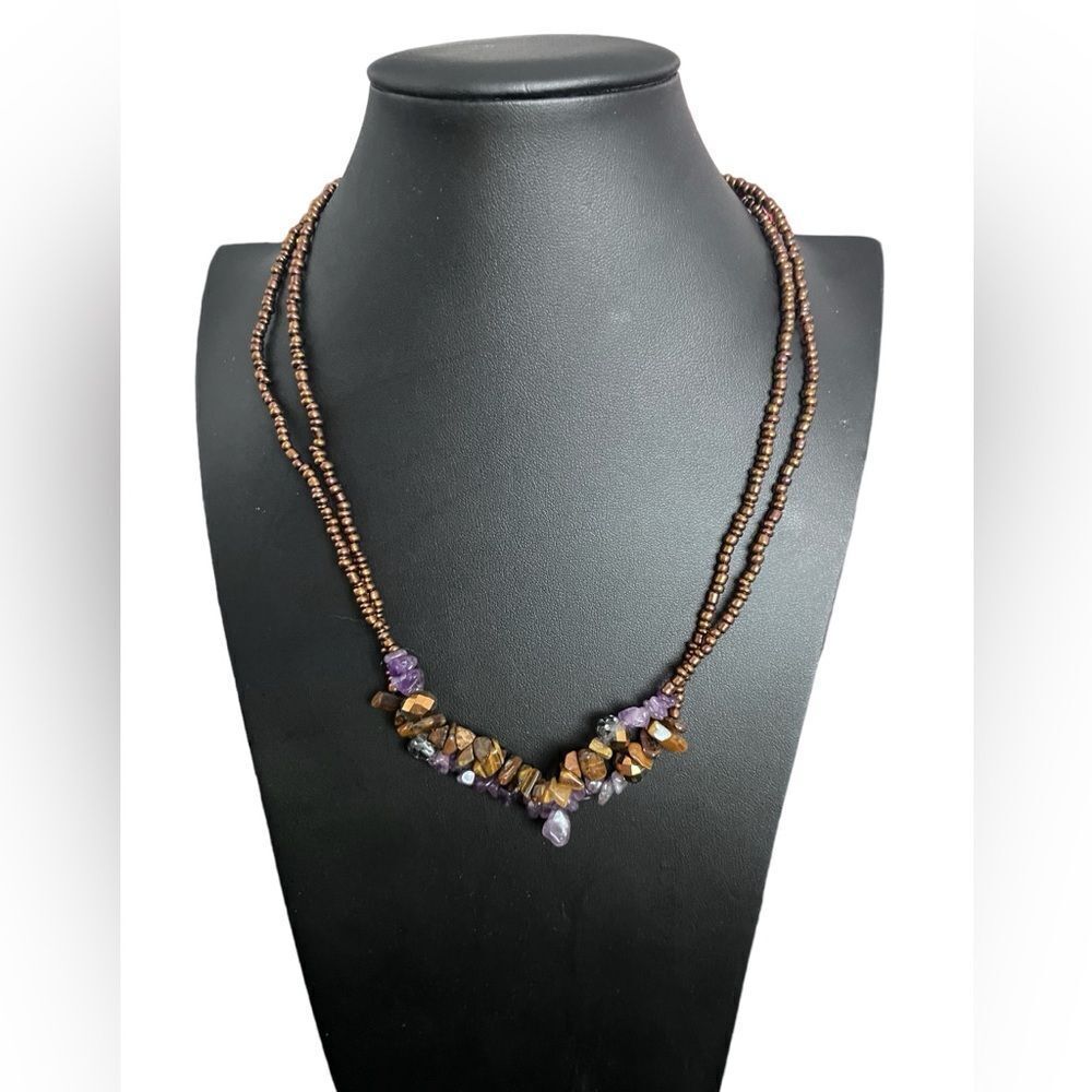 Amethyst and Copper Tone Double Rope Beaded Necklace